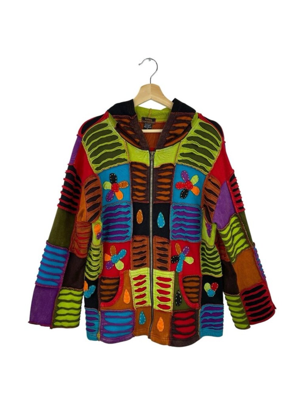 VTG Rising international Colorful Boho Patchwork Hippie Zip Y2K Hooded jacket XL